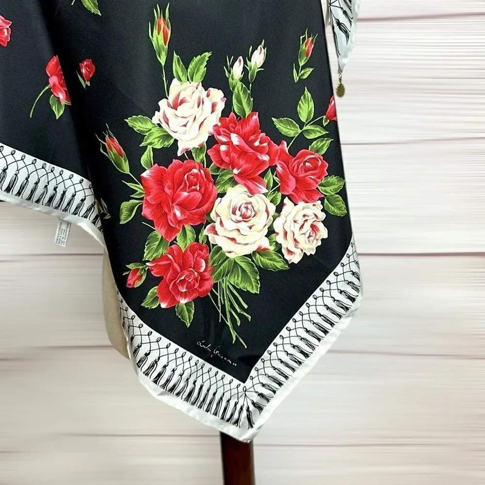 Lulu Guinness Silk Scarf “Life is a Bed of Roses” Black Floral Print Hand Rolled